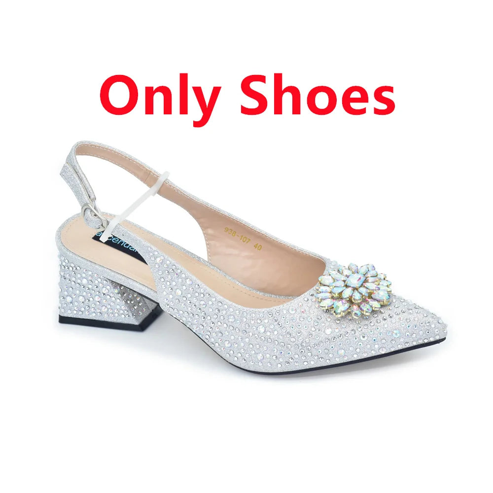 Elegant Baldauren Women’s Italian-Style Pointed Toe Slingback Pumps with Crystal Rhinestones & Matching Bag – African Party & Wedding Set (Sizes 37-43)