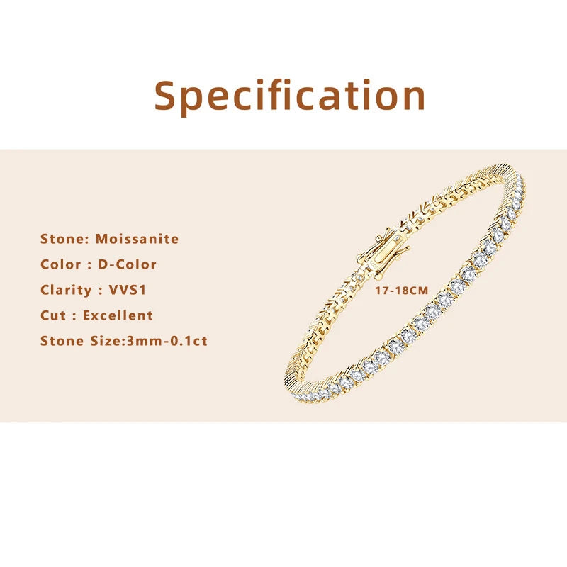 Lnngy 3MM Moissanite Tennis Bracelet With GRA For Women Men Certified 925 Sterling Silver Bracelets Sparkling Hand Jewelry Gift