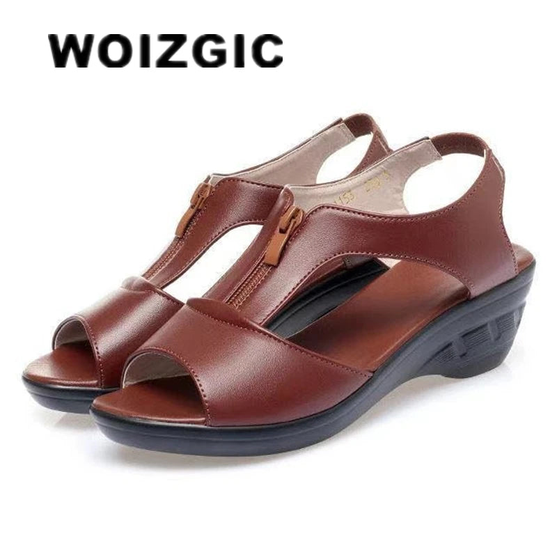 صنادل نسائية من WOIZGIC بتصميم قديم من الجلد الصناعي غير قابلة للانزلاق للشاطئ والصيف بسحاب رائع مقاس 35-41 PGP-1153