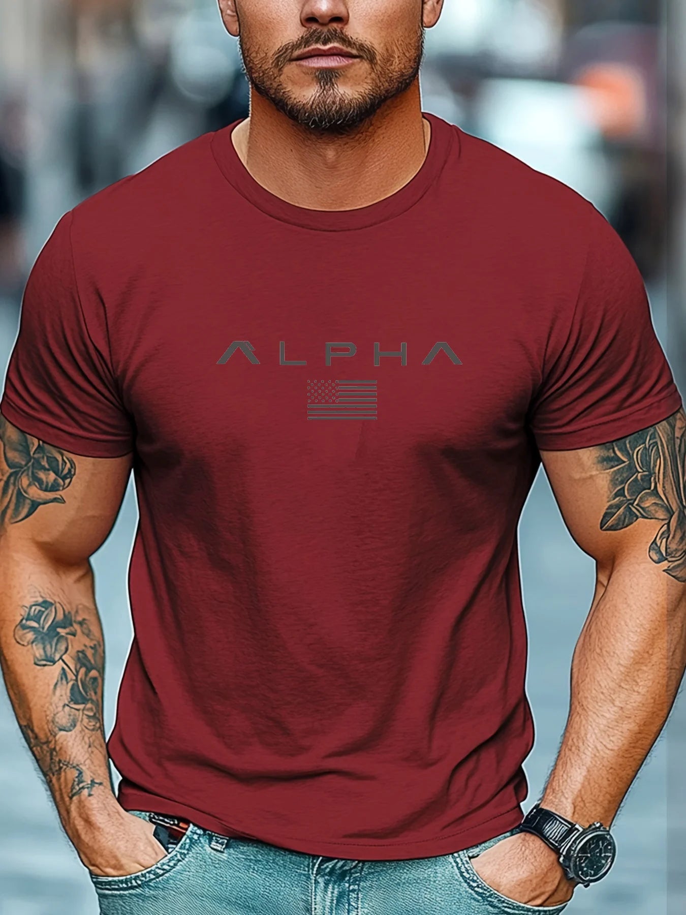 Men's summer 100 cotton ALPHA printed loose solid color multi-color optional sports round neck short sleeved T-shirt top