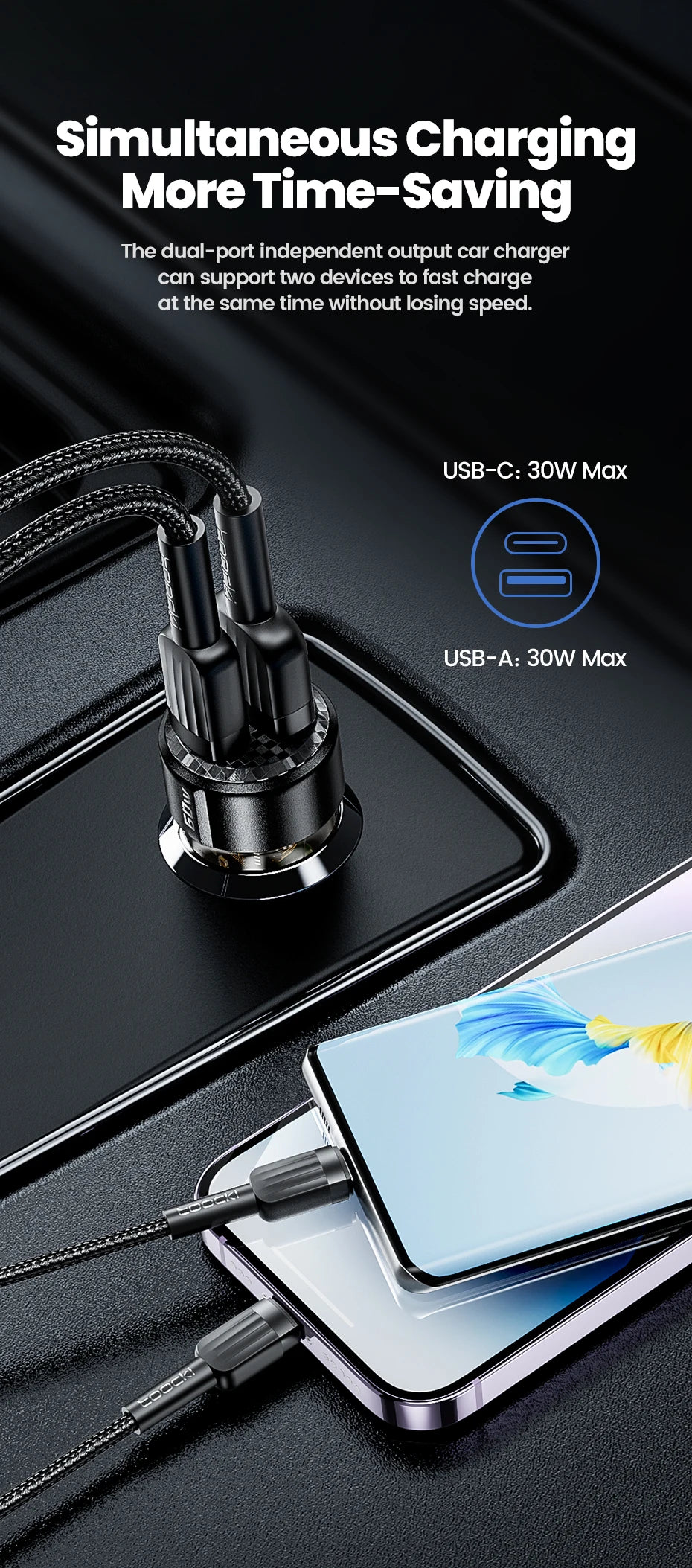 Toocki 60W USB Car Charger Quick Charge QC PD SCP 6A USB Type C Car Fast Charging For iPhone 15 14 13 Huawei Samsung Xiaomi