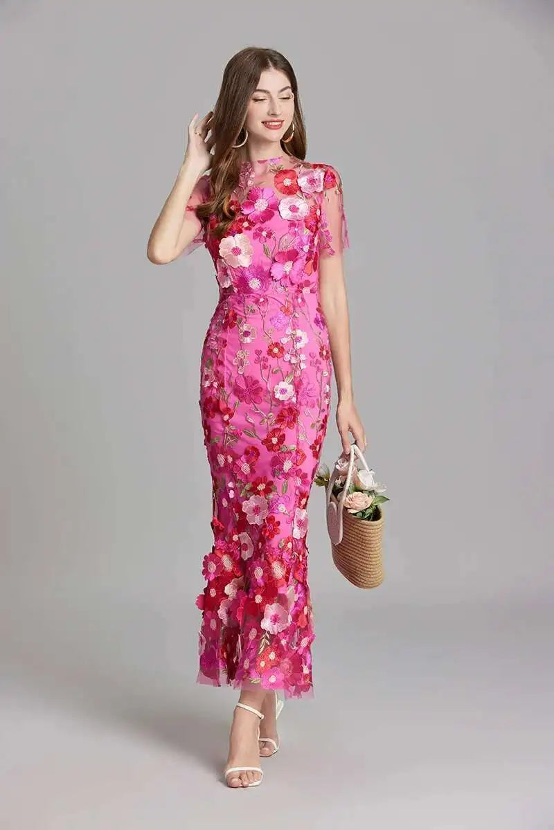 French Luxury 3D Flower Fishtail Lace Prom Dress – Women's Summer Short Sleeve Midi Evening Dress