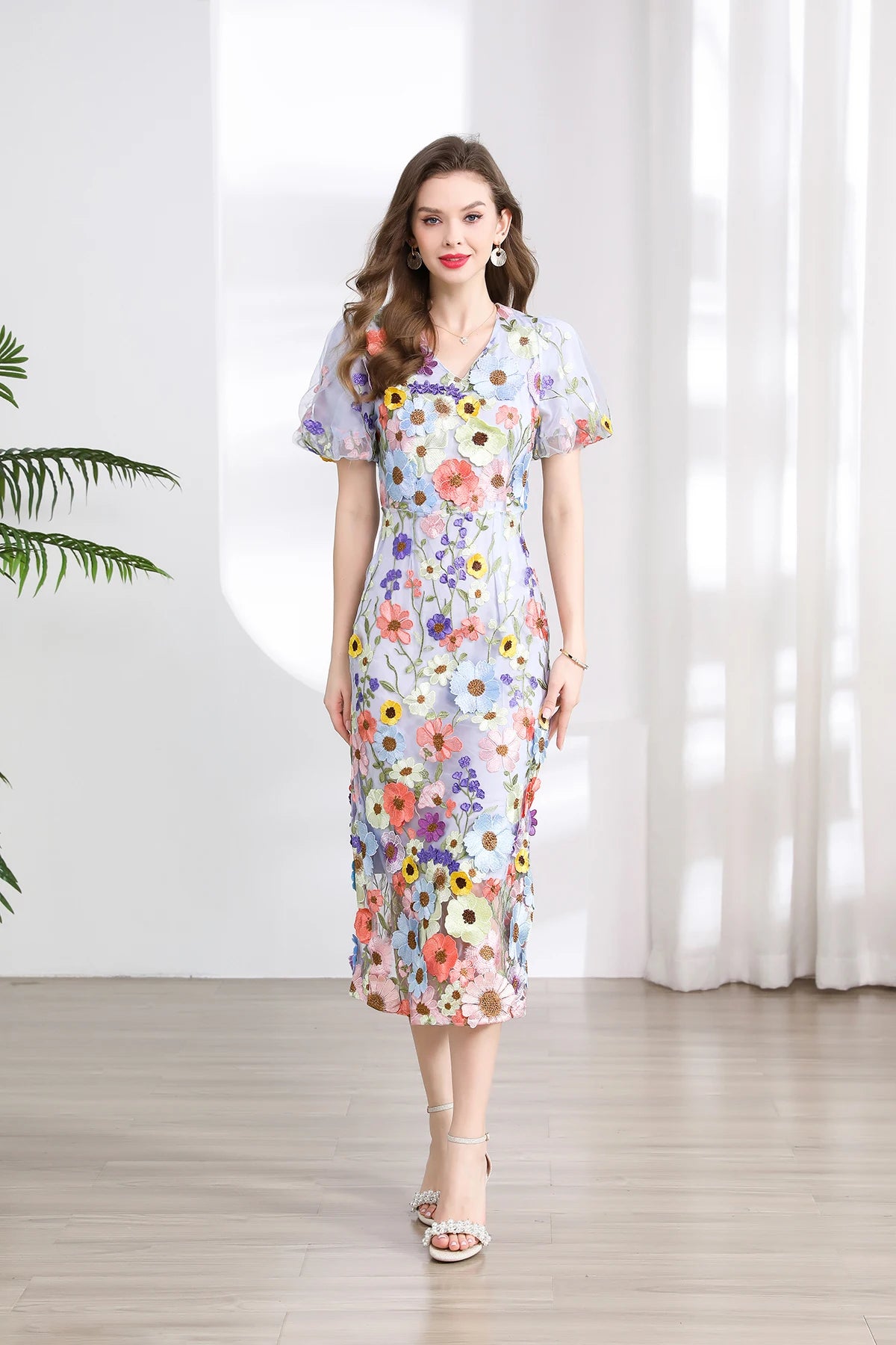 Summer High-end Embroidery Lace Prom Dress Women French Luxury 3D Flower Short Sleeve Long Dress Party Bodycon Holiday Vestido