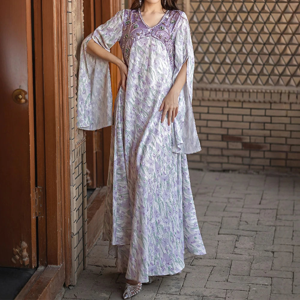Rafiah Summer Dress 2025 Women's Sophisticated Beading Long Sleeve V-Neck Dating Long Arabian Dress