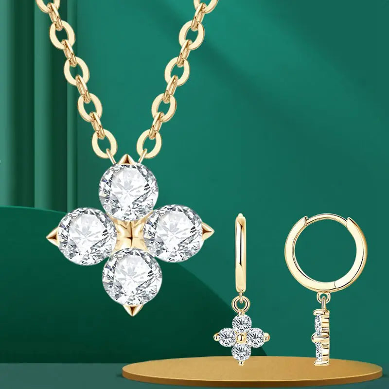 Lnngy Certifited 925 Sterling Silver Four Leaf Clover Earrings Jewelry Set For Women 3MM Moissanite Earring Pendant Necklace