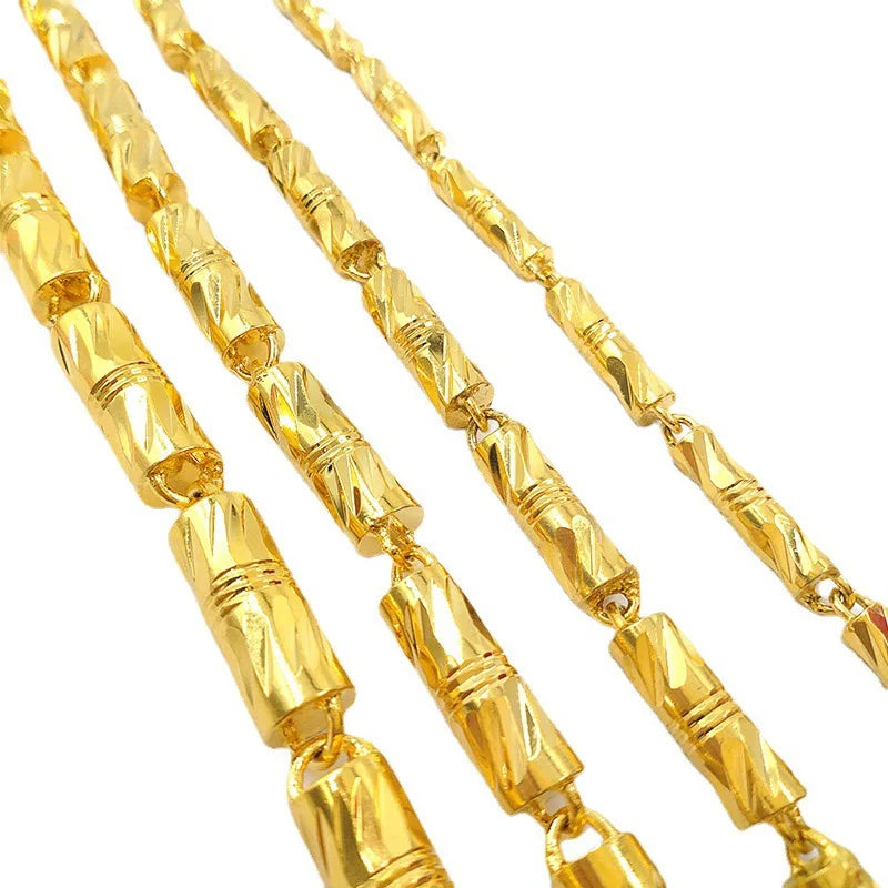9999 24K real gold cylindrical double bamboo necklace real gold men's and women's solid color bamboo necklace gold jewelry