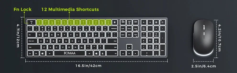 Jomaa Full-Size Backlight Wireless Keyboard and Mouse Combo for Laptop PC USB Silent Click Keyboard Mouse Set Rechargeable Spain