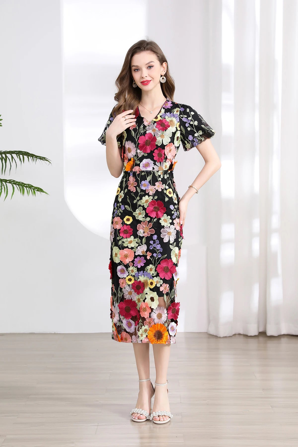 Summer High-end Embroidery Lace Prom Dress Women French Luxury 3D Flower Short Sleeve Long Dress Party Bodycon Holiday Vestido