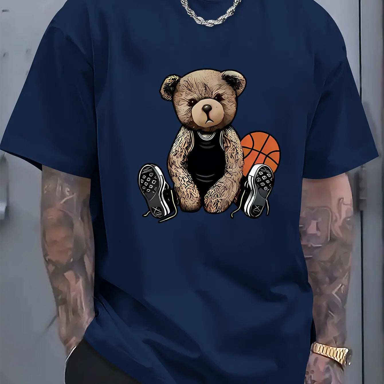 Men's summer 100 cotton fashionable casual sports loose and fun basketball bear pattern printed round neck short sleeved T-shirt