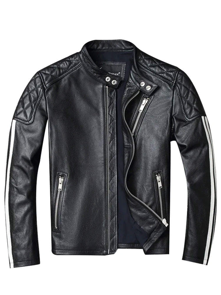 New fashion Men Leather Jacket 100% Genuine Cowhide Coat White Stripes Cool Biker Slim Short Autumn Leather Clothing.
