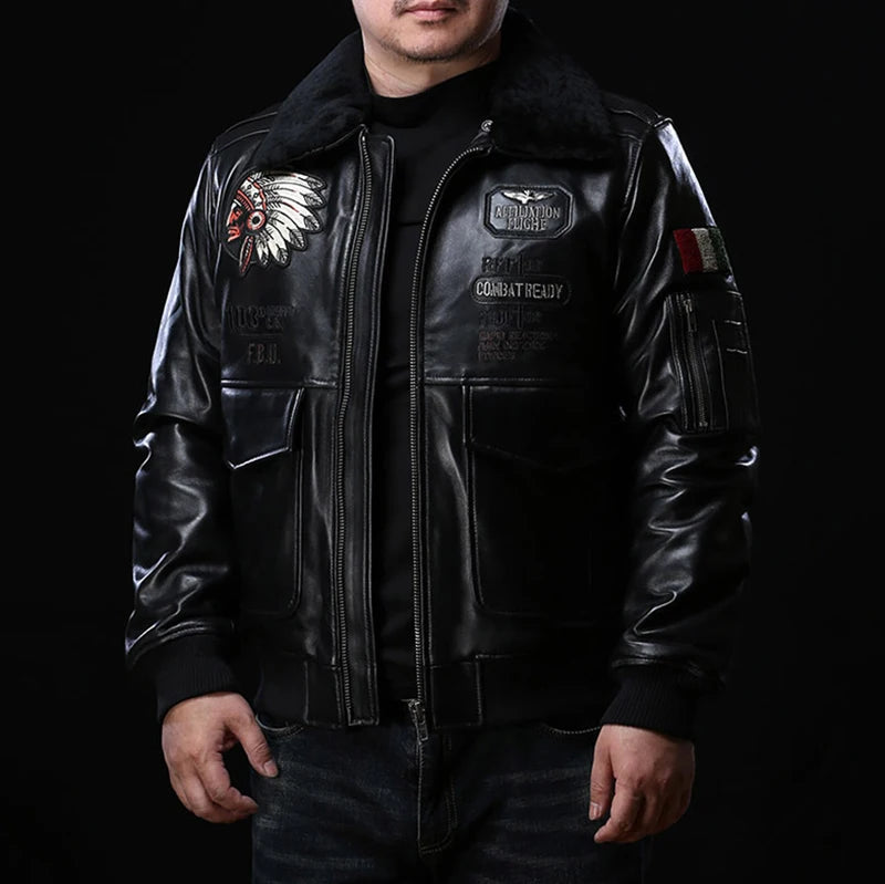 Sheepskin G1 Pilot Clothing Leather Jacket Wool Collar Indian Portrait Embroidery men's Genuine Leather coat Casual Fashion top