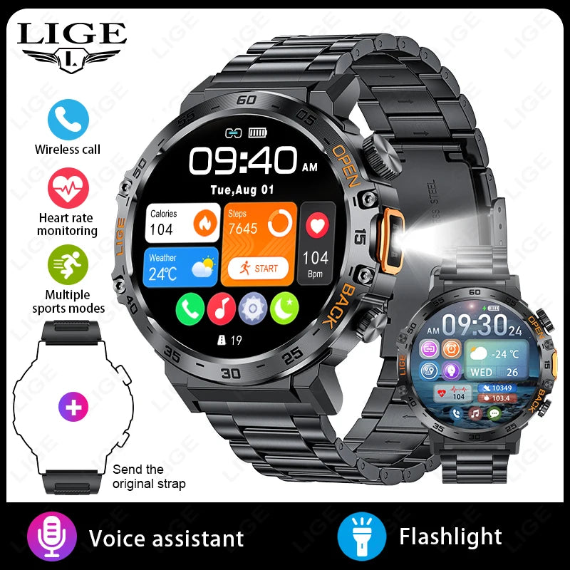 LIGE LED Flashlight Smart Watch Military Watches SOS Bluetooth Call Waterproof Health Monitor Sport Smartwatch For Android ios