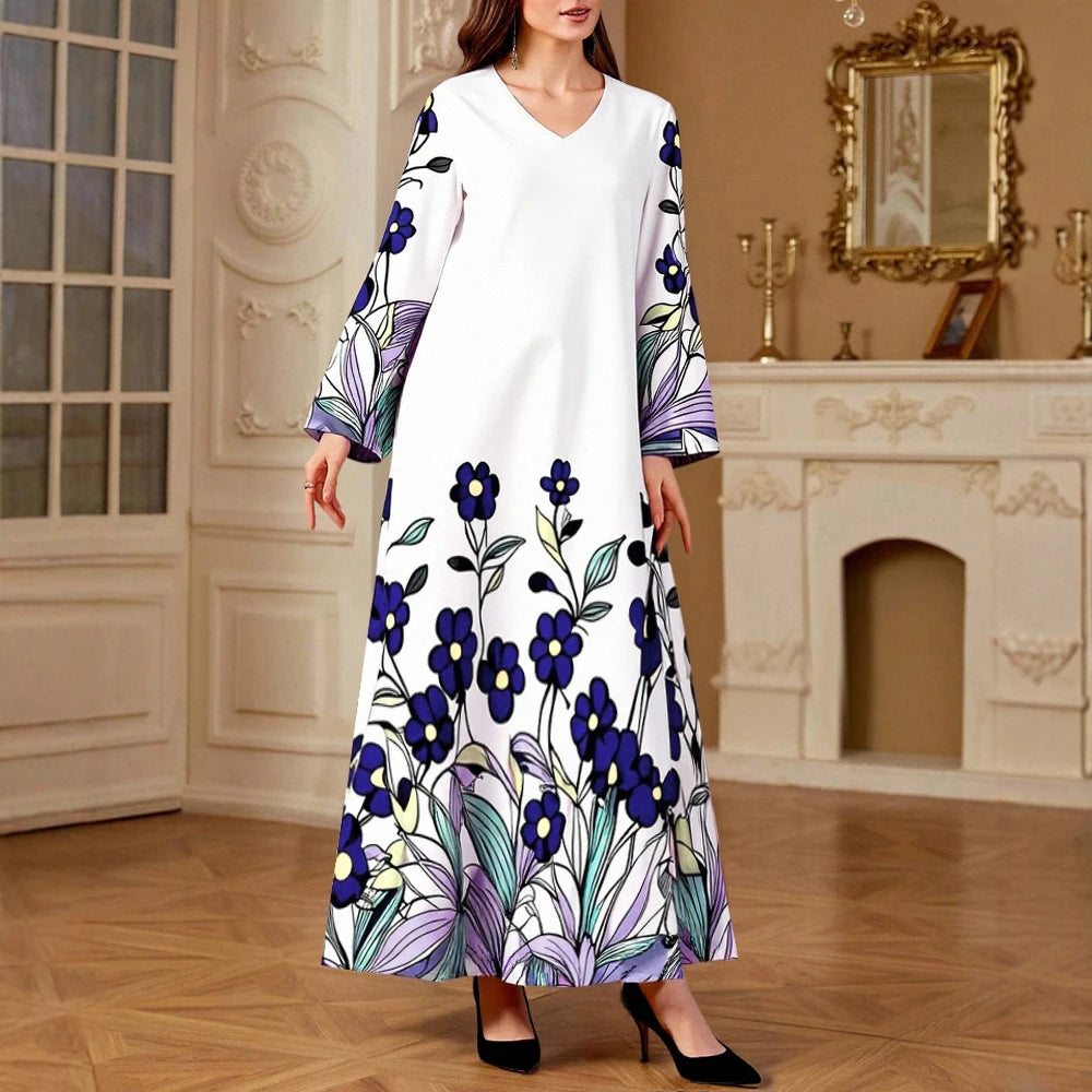 Rafiah Women's Dresses Summer Elegant Decent 2025 Full Print Long Sleeve V-Neck Midi A Line Casual Long Dresses