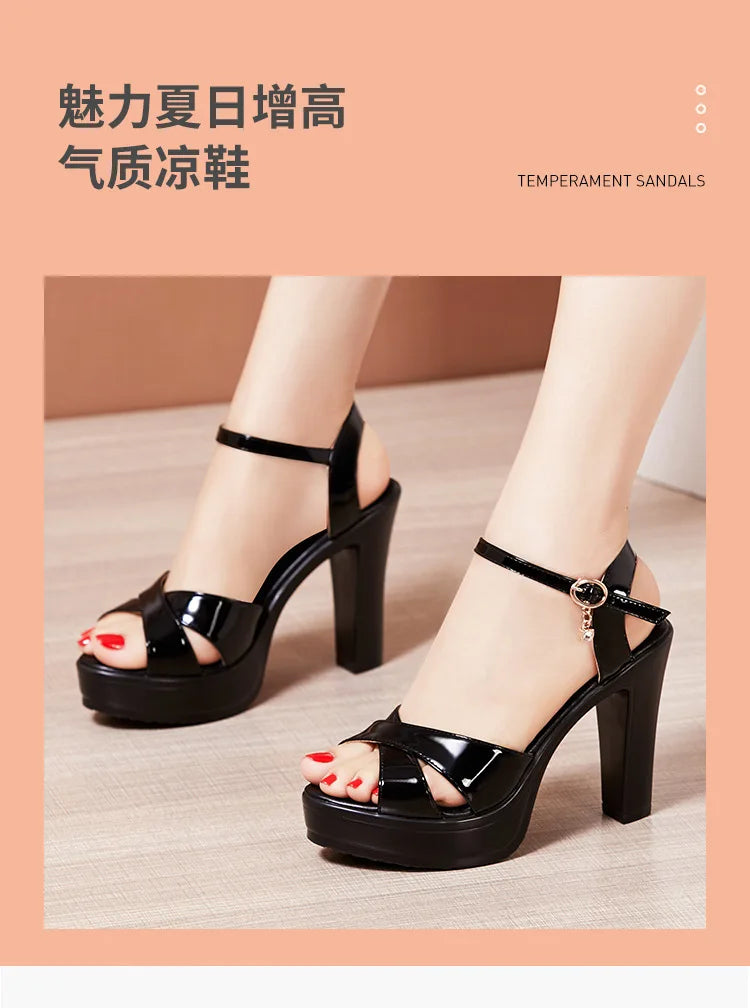 Women’s High Heel Summer Leather Sandals – 10 cm Spike Heel with Platform, Open Toe