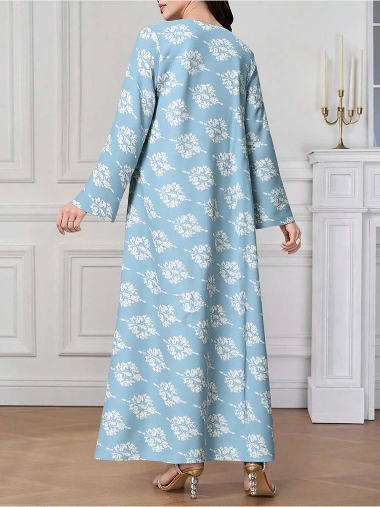 Rafiah Women's Summer Arabian Dress Comfortable Full Print Long Sleeve V-Neck Casual Loose Fit Long Dresses Evening Dresses 2025