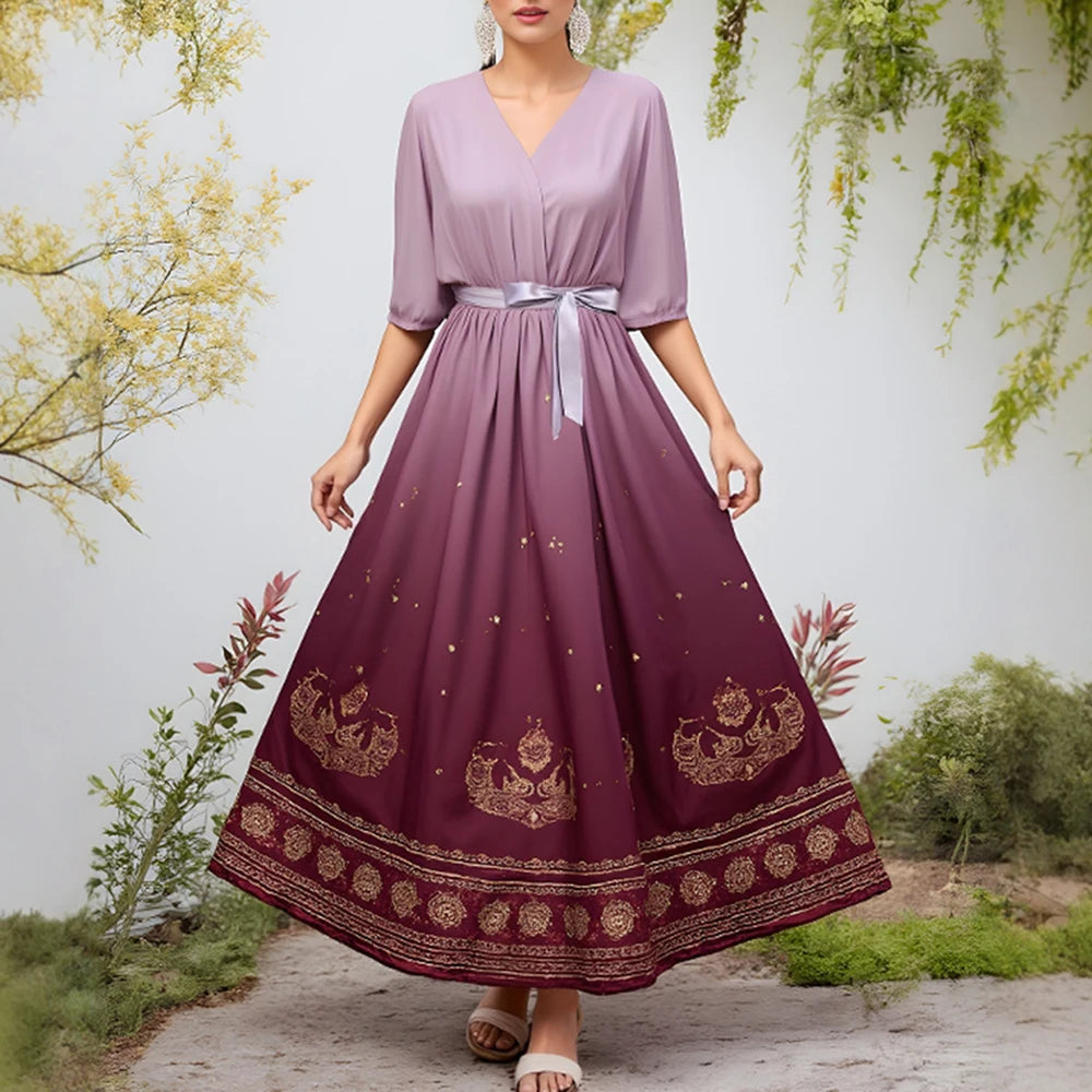Rafiah Women's Dresses Summer Elegant Fashion 2025 Cultural Print Short Sleeve V-Neck A Line Midi Vacation Long Dress