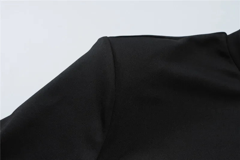 Women's Luxury Black Draped Mini Dress – Metal Buckle, O-Neck, Bodycon Fit