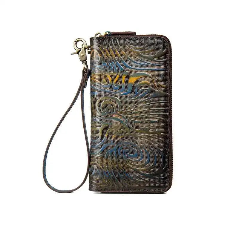 MOTAORA Women's Genuine Leather Long Wallet Retro Vintage Cowhide Bifold Card Holder Phone Purse Handmade Zipper Coin Pocket