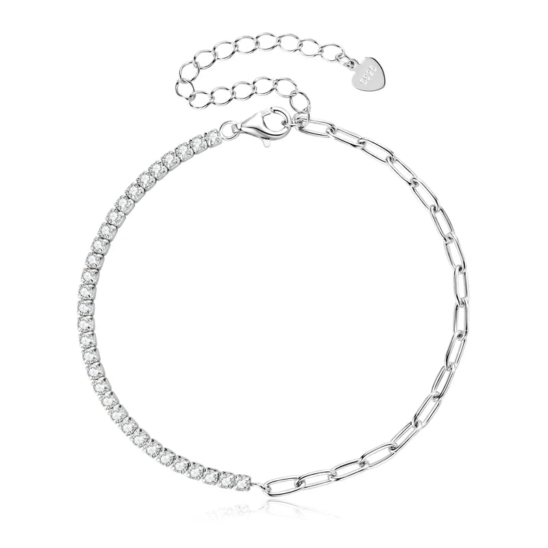 Lnngy 2mm Moissanite Bracelet Korean Ins 925 Sterling Silver Paper Clip Chain Adjustable Bracelets For Women Simple Hand Jewerly