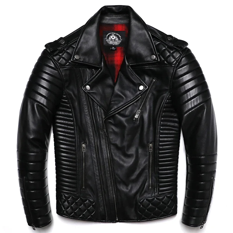 New Sheepskin Genuine Leather Moto Jacket – Slim Oblique Zipper Short Coat for Men