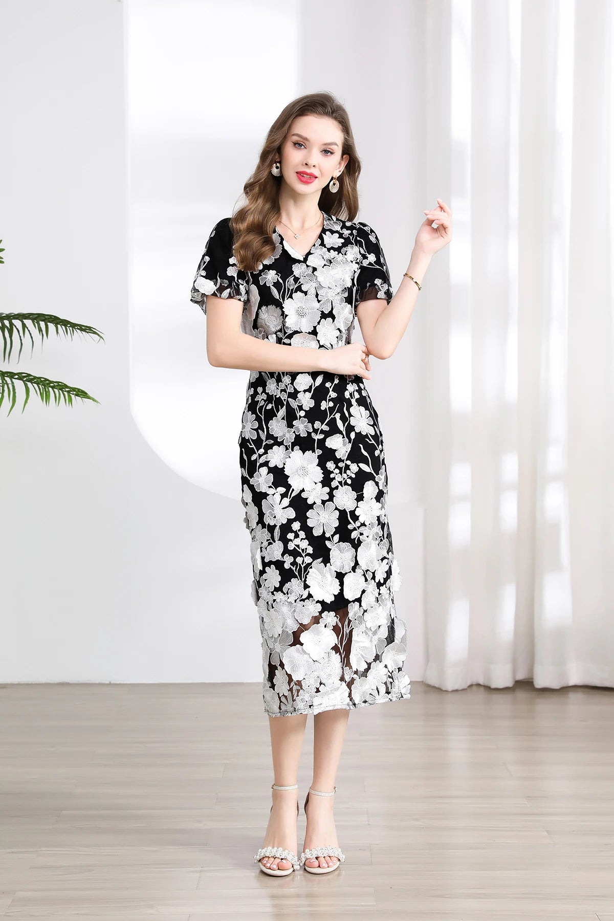 Summer High-end Embroidery Lace Prom Dress Women French Luxury 3D Flower Short Sleeve Long Dress Party Bodycon Holiday Vestido
