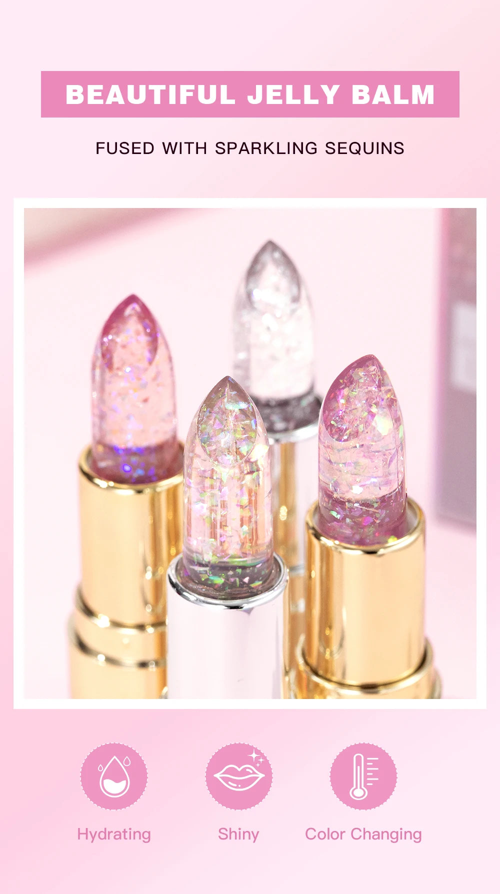 QIBEST Glitter Lipstick Lip Balm Color Change Transparent Moisturizing Crystal Jelly Pearlescent Lip Plumper Gloss Tint Cosmetic