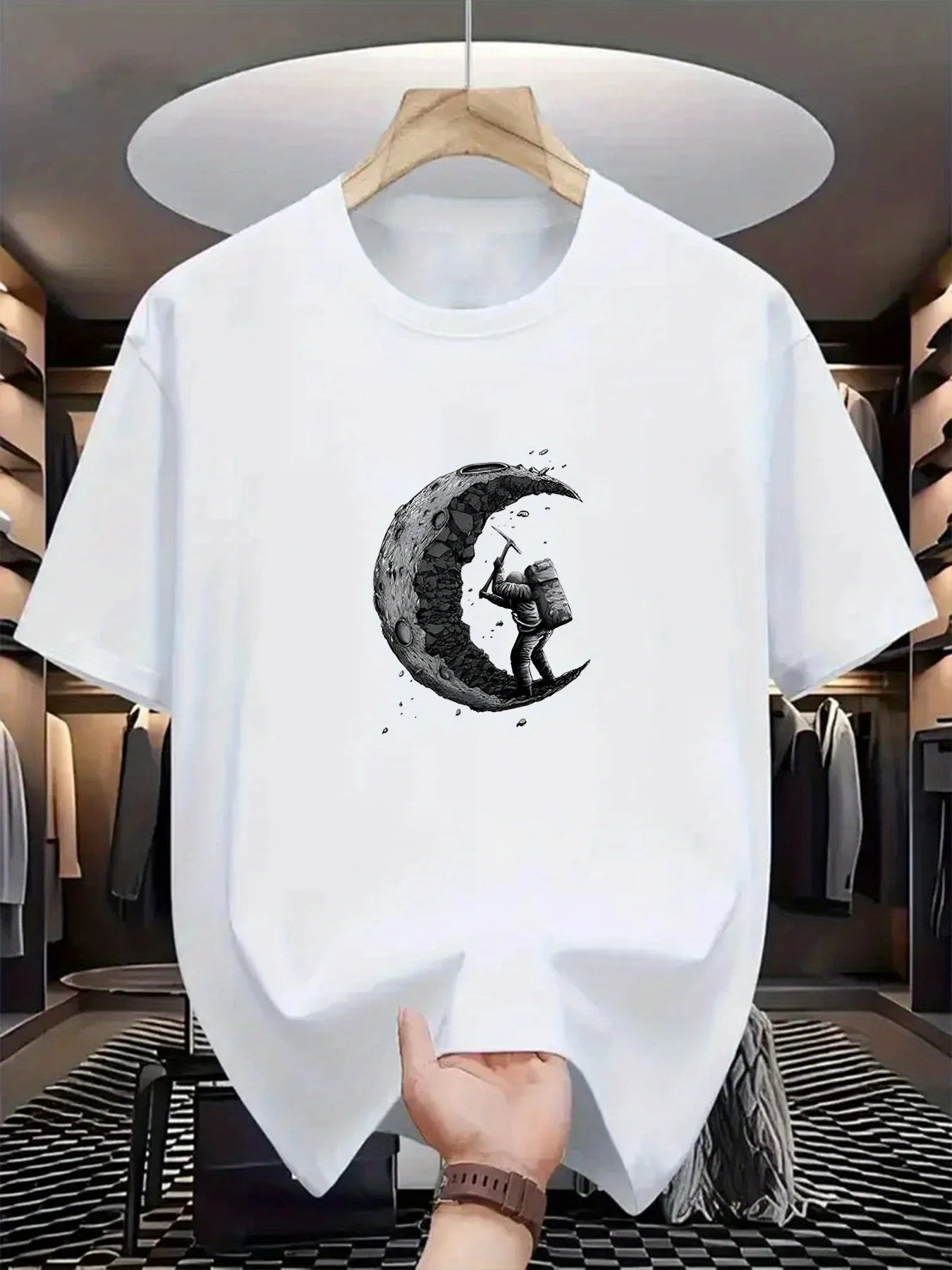 Men's summer 100% cotton π moon shaped planet astronaut π§βπ digging printed casual loose solid color multi-color optional sports round neck short sleeved T-shirt top