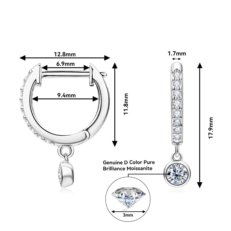Lnngy 925 Sterling Silver Dangle Earring 1CT 2CT Round Bezel Setting Moissanite Drop Earrings For Women Girl Birthday Party Gift