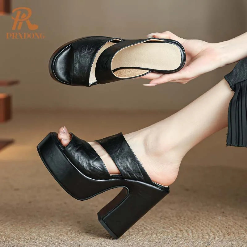 Women's Genuine Leather Chunky High Heels Open Toe Sandals Black Brown Size 39