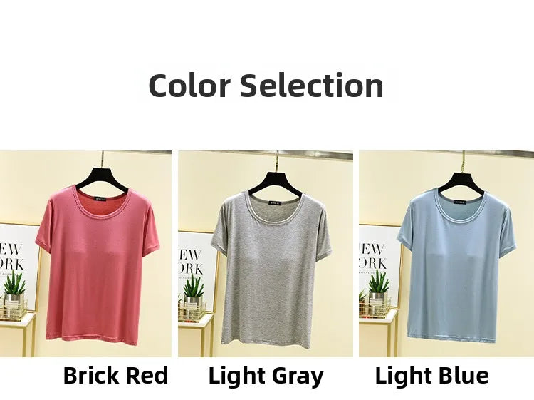 Loose Modal T-irt Women's Spring Summer round Ne ort Sve Built-In Bra Large Size Base irt Casual Sle Summer Top