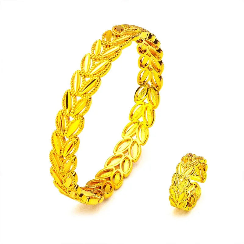 9999 Real Gold 24K Real Gold Bracelet and Ring Set for Women, Leaf Vine Man Style Bracelet, Ring, Gold Jewelry Gift
