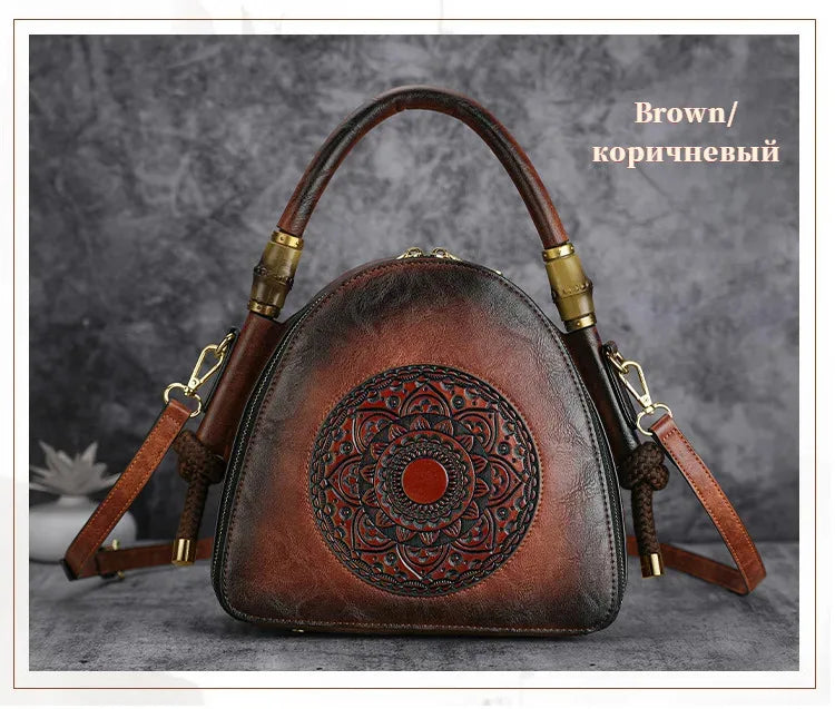 MOTAORA Bamboo Top Handle Embossed Leather Shoulder Bag, Vintage Bohemian Crossbody Purse for Women Handmade Large Capacity Tote