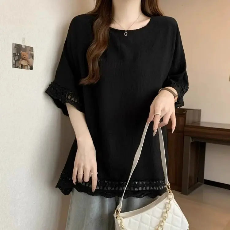 Lace Hollow out Texture ort Sve Women's T-irt Summer plus Size Conceals Belly Slimming Faionable Top Korean Sle