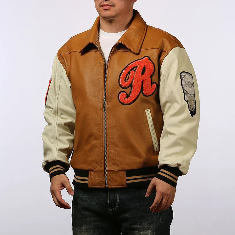 Men large size leather jacket flight suit jacket printed big chief embroidery casual sports yellow cowhide leather jackets tops