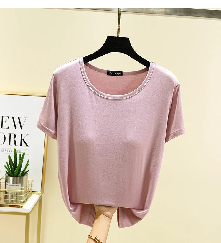 Loose Modal T-irt Women's Spring Summer round Ne ort Sve Built-In Bra Large Size Base irt Casual Sle Summer Top