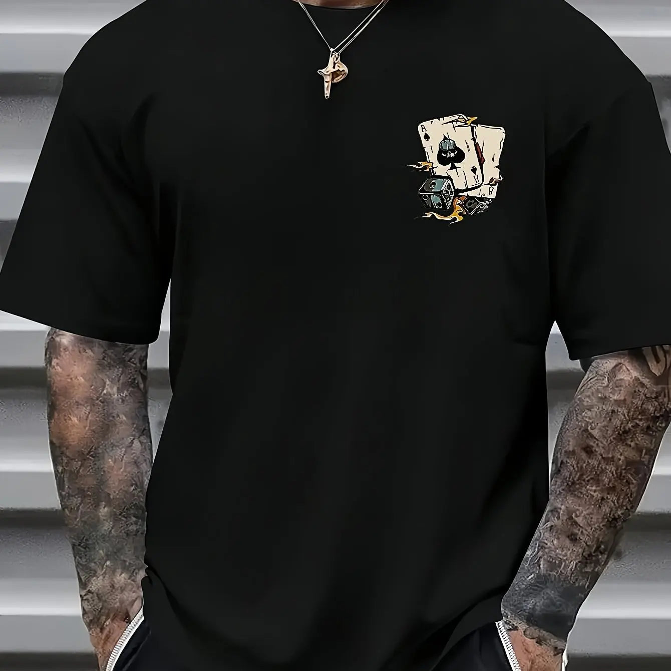 Men's summer 100% pure cotton fashionable casual loose spade a and dice printed round neck short sleeved T-shirt top