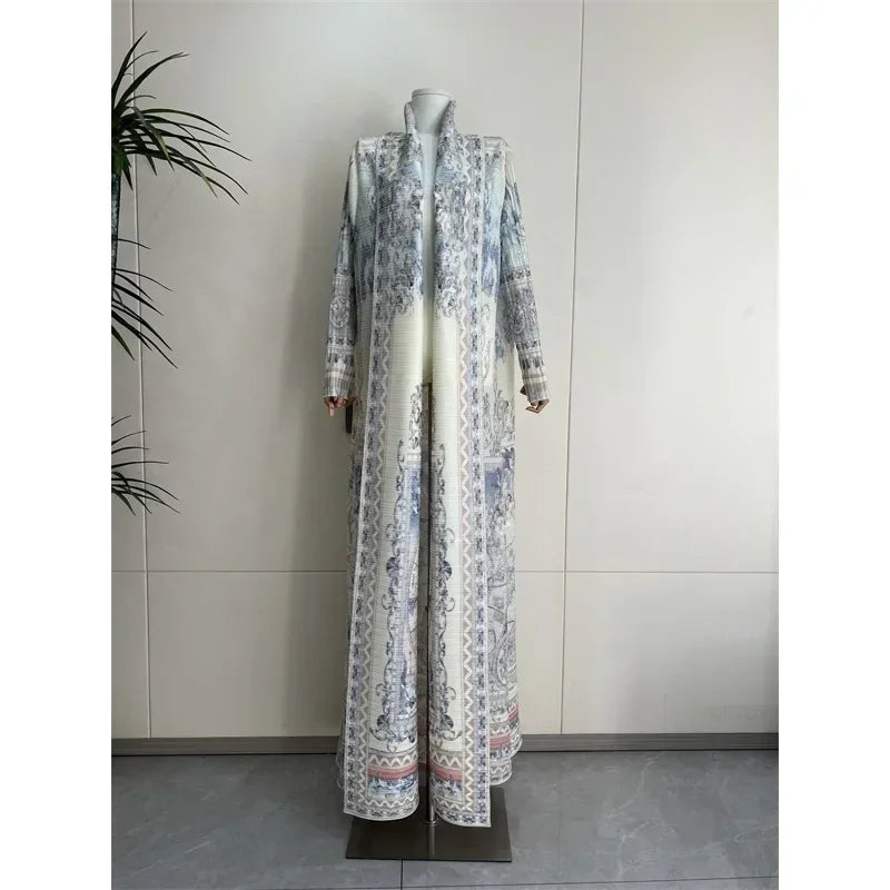 KAF Pleated Women Trench Coat Vintage Printed Cardigan Design Loose Plus Size Women Long Dress Dubai Female Luxury Abaya 2024