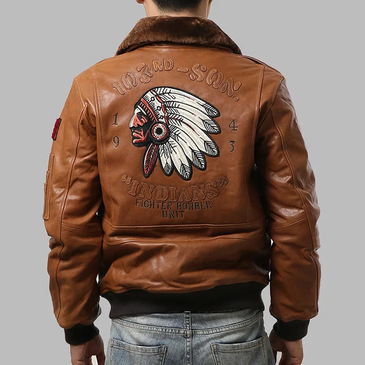 Sheepskin G1 Pilot Clothing Leather Jacket Wool Collar Indian Portrait Embroidery men's Genuine Leather coat Casual Fashion top