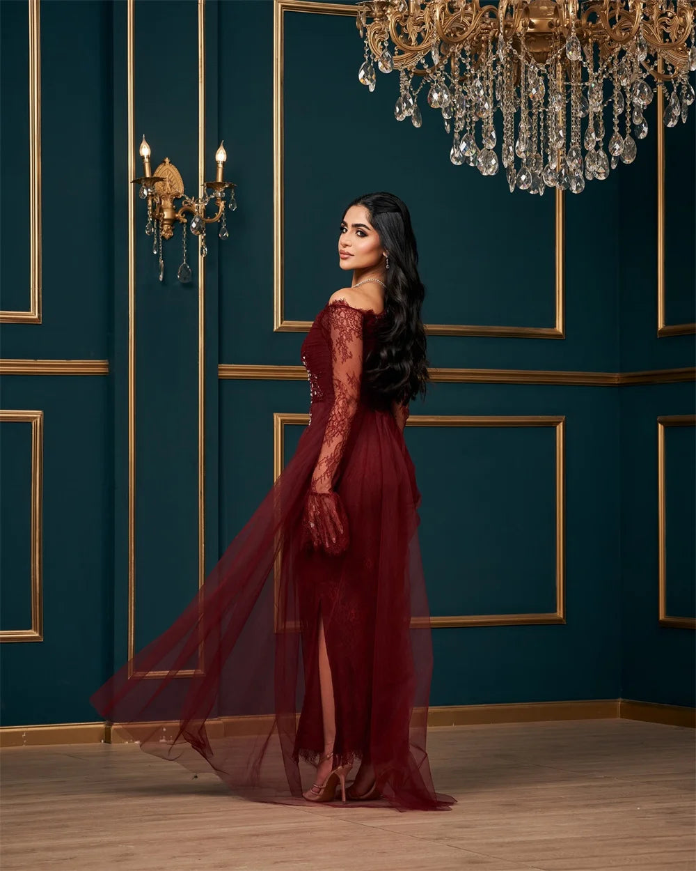 Mila Red Off the Shoulder A-Line Party Dresses Tulle Crystal Long Sleeve Prom Dresses Embroidery Evening Dresses Customized 2025