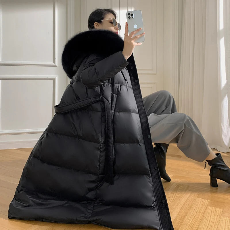 Women’s Luxury White Goose Down Coat – Hooded Long Jacket with Fox Fur Collar & Belt