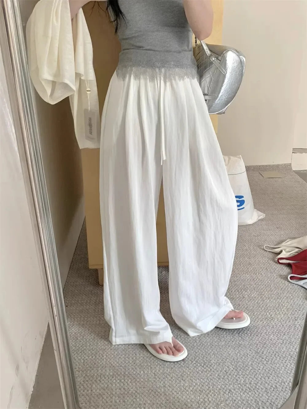 Slimming Wide Leg Cotton Linen Loose Fit Thin High Waist Casual Solid Color Summer Trousers for Women Elegant Drapey Style