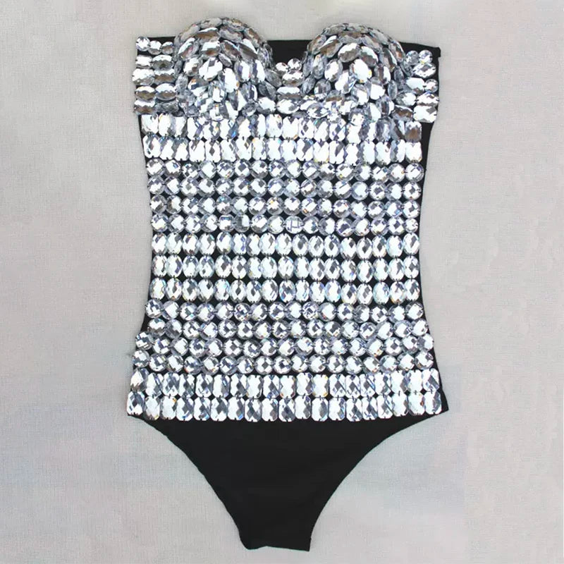 Shiny Acrylic Geometric Sequin Tube Top Pullover Bodysuit Sexy Ladies Bar Club show