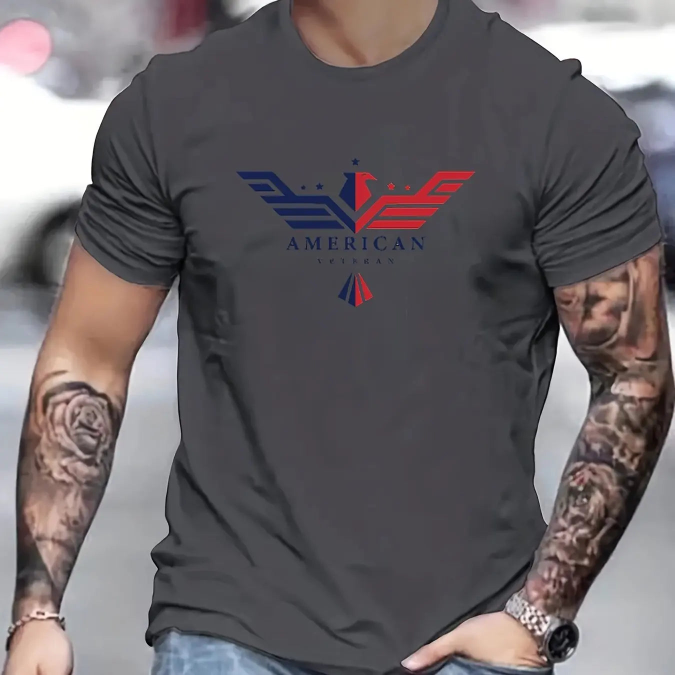 Men’s Summer 100% Cotton Bald Eagle USA Print T-Shirt