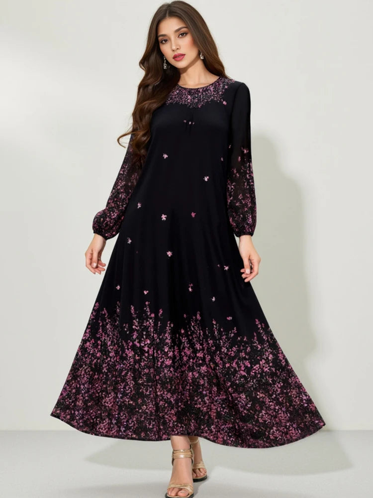 Rafiah Women's Fall Black Sequined Long Sleeve Maxi Dress with Polka Dots Elegant Evening Gown for Special Occasions