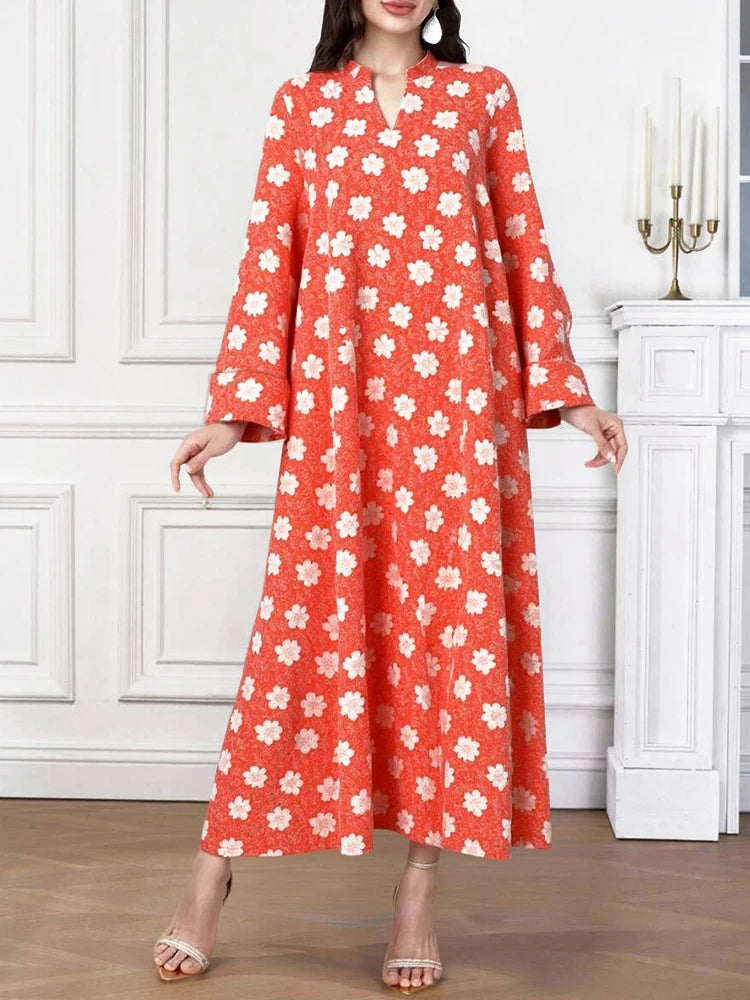 Rafiah Women's Arabian Dress Even Dress 2025 Summer Traditional Elegant Full Print Long Sleeve V-Neck Loose Fit Long Dress