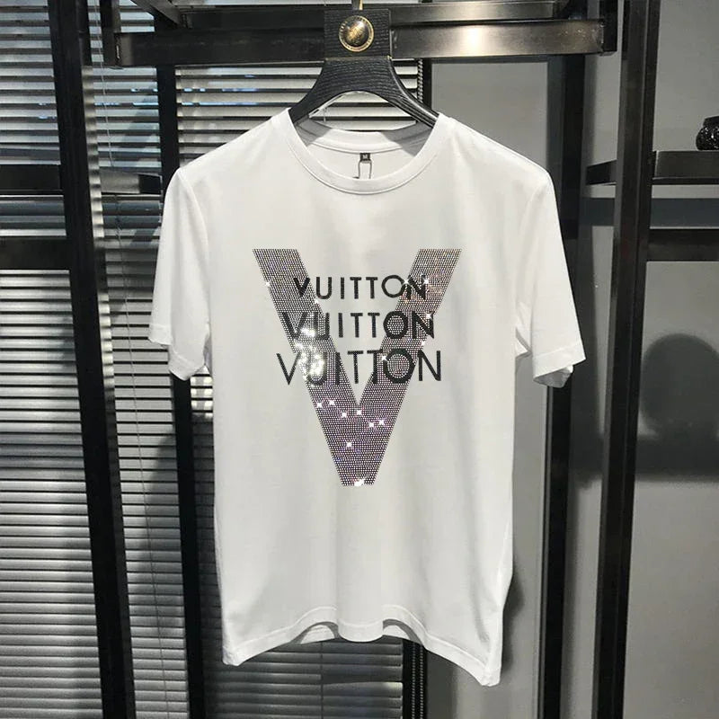 2025 Men's V-Pattern Rhinestone T-Shirt – Short Sleeve Mercerized Cotton Top