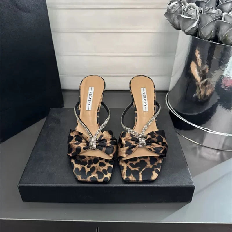 Leopard Satin Rhinestone One-Strap Sandals Women 2025 Summer New Bow Open-Toe Thin High-Heeled Slippers Casual Fashion pump