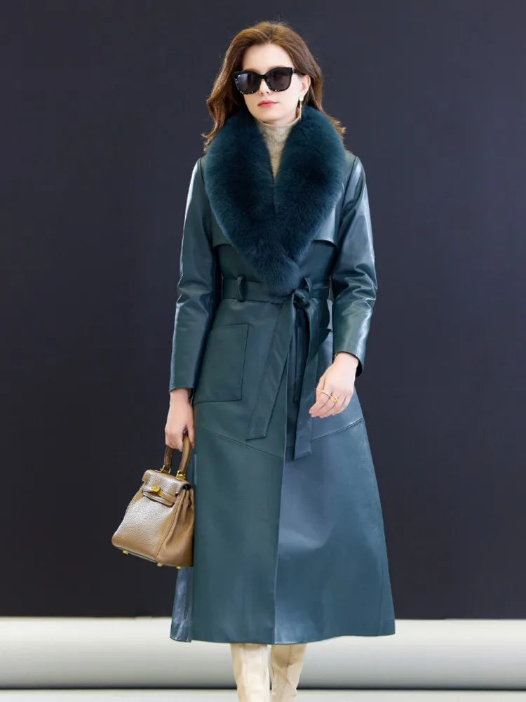 Real Fox Fur Collar Elegant Women Long Trench Coat Belted Slim Fit Winter Warm Sheepskin Down Coat Ladies Genuine Leather Jacket