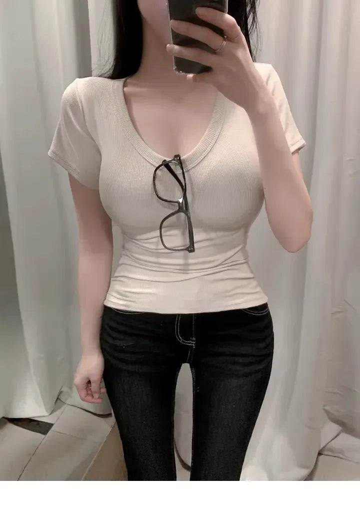 Faionable V-ne Tight-fit ort-sved T-irt Women's Inner Wear Body-a Tool Dongda Gate Modal Knitted Top