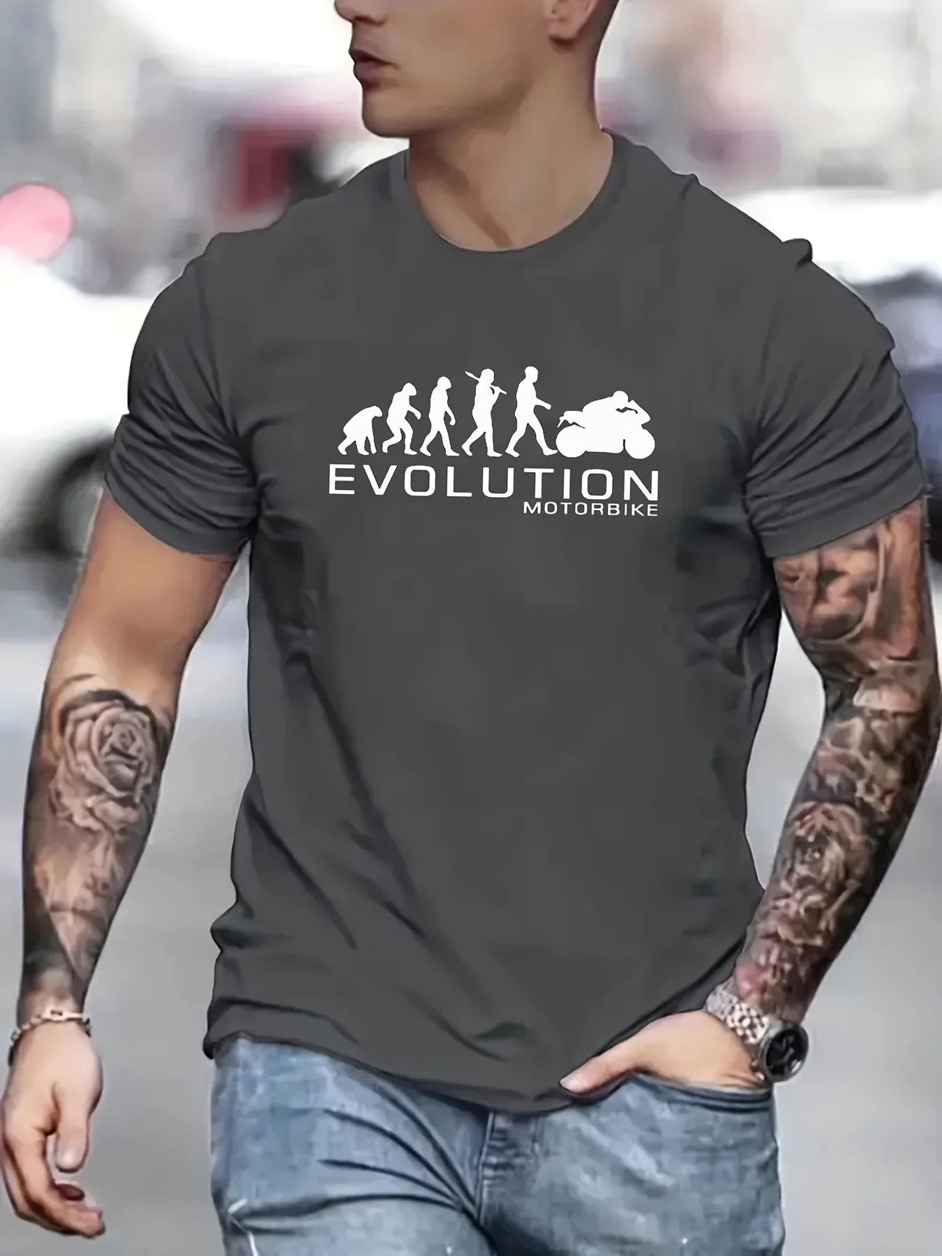🏍️ Men’s Summer 100% Cotton Casual T-Shirt,Evolution Motorcycle Print | Loose Fit | Round Neck | Breathable Comfort
